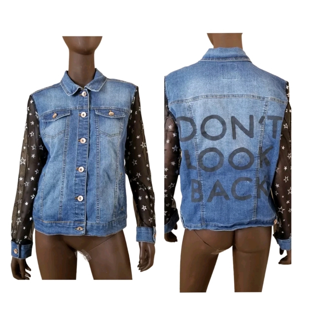 CAVALINI Customized Sheer Sleeve Denim Jacket Womens Lg Blue Black Silver Stars